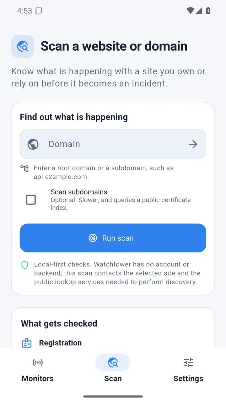 The scan screen: a Domain entry field, an optional Scan subdomains checkbox, a Run scan button, and a note explaining that a scan is local-first but still contacts the selected site and public lookup services.