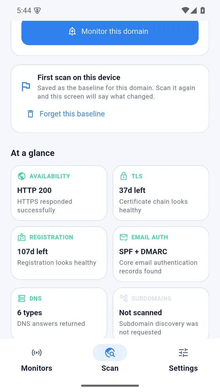 A scan report for wikipedia.org: a first-scan baseline card explaining that scanning again will report what changed, above an at-a-glance grid showing HTTP 200, TLS with 37 days left, SPF and DMARC found, and 6 DNS record types.