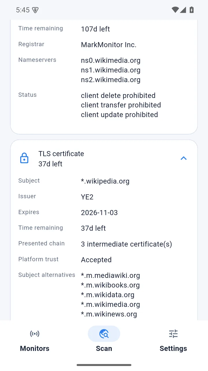 The TLS certificate panel expanded, listing subject, issuer, expiry date, time remaining, the number of presented intermediate certificates and the platform trust verdict.