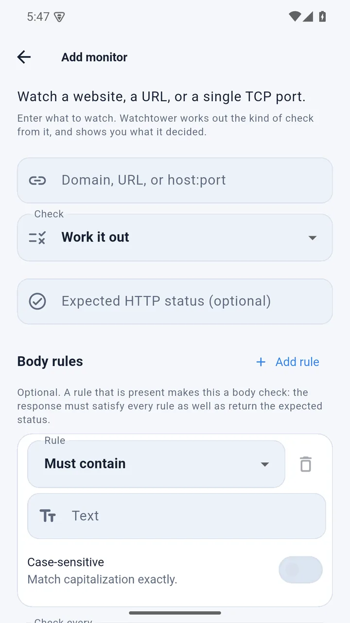 The single Add monitor form: one field for a domain, URL or host:port, with Watchtower working out the kind of check from what you enter.