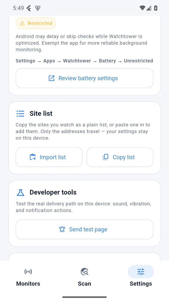 The Settings screen: a Transparent by design card stating there is no account or backend, a DNS resolver choice between the device resolver and a custom DNS-over-HTTPS endpoint, and a Site list section that copies watched addresses to the clipboard.